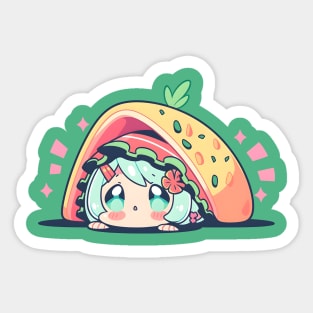 Chibi Anime Taco Girl With Green Blue Hair Sticker